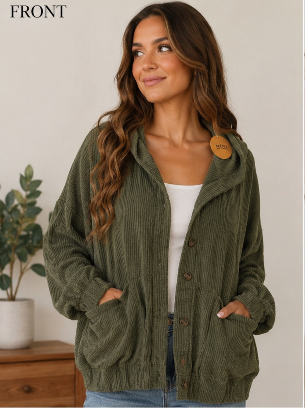BIBI GREEN COTTAGECORE HOODED OVERSIZED BUTTON DOWN CORDUROY JACKET SHACKET L